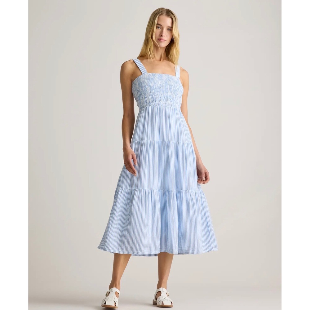 Quince 100% Organic Cotton Gauze Smocked Tiered Dress Blue/White Small